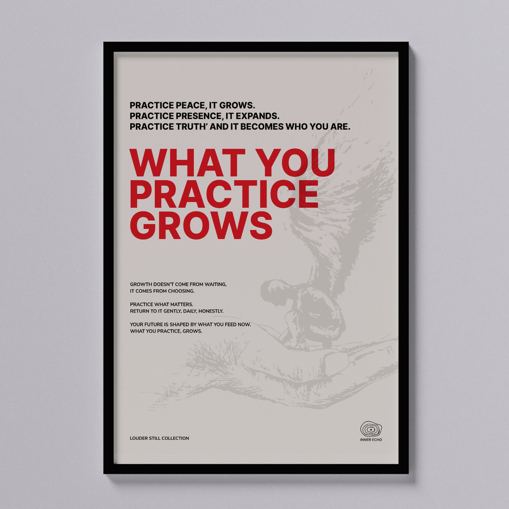 What You Practice Grows — minimalist affirmation poster, Inner Echo Louder Still Collection, black and red typography on bone background